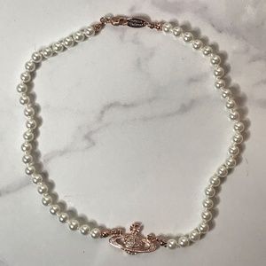 Vivienne Westwood Mini Bas Relief Pearl Rose Gold Orb Crystal Choker Necklace